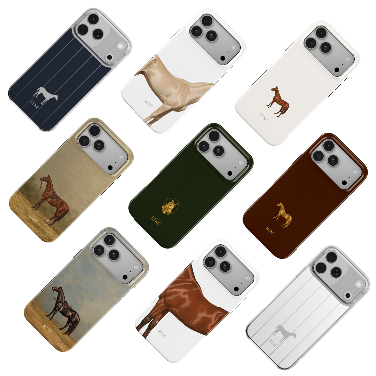 A collection of RENÉ phone cases with illustrated horse designs